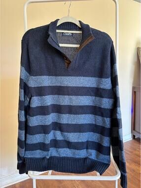 Chaps Men's Large Navy and Gray Striped Pullover Sweater with Elbow Patches